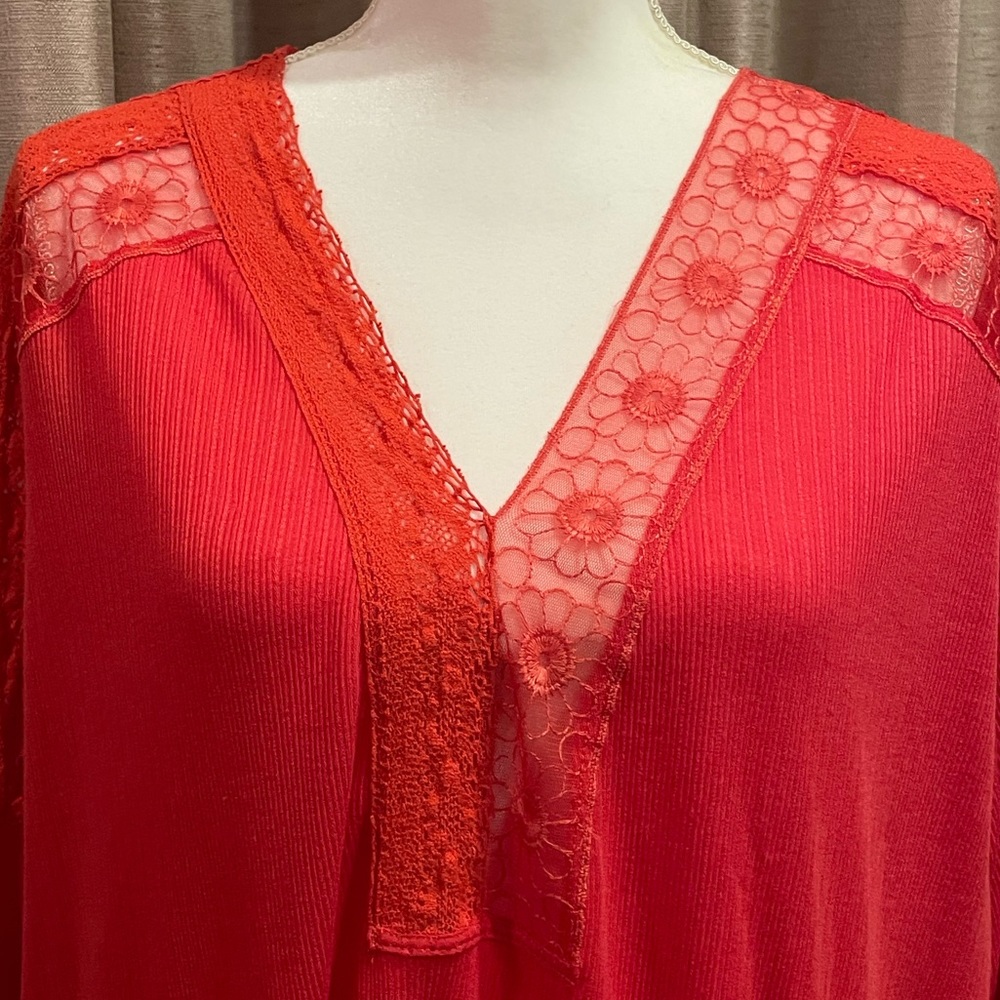 Coral Free People Blouse Shirt w/ Lace Accents